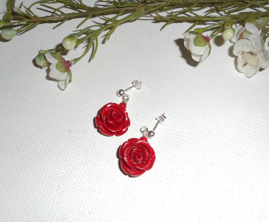 Oorbellen met rode rozen, zilver 925
