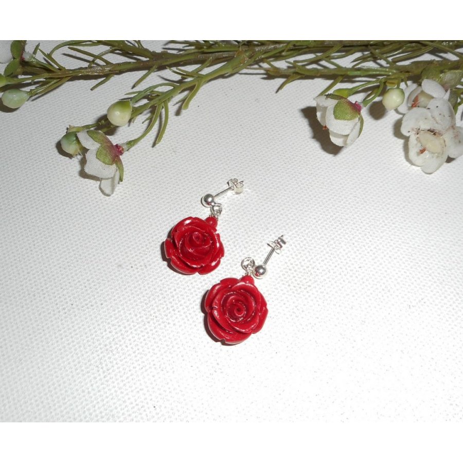 Oorbellen met rode rozen, zilver 925