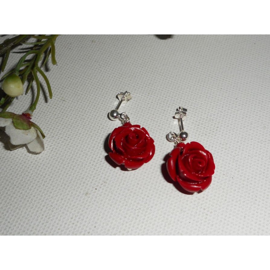 Oorbellen met rode rozen, zilver 925