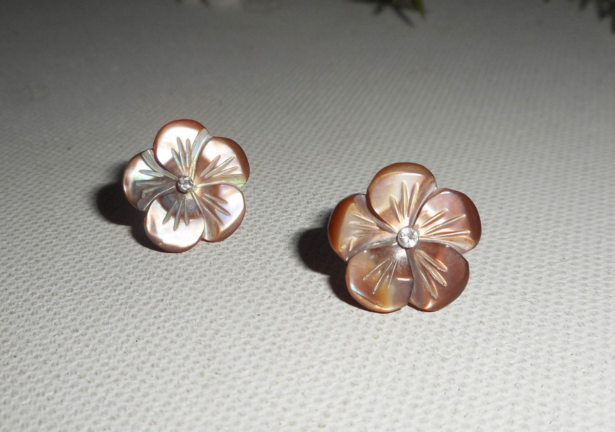 Oorbellen met bruine parelmoer bloem, zilver 925