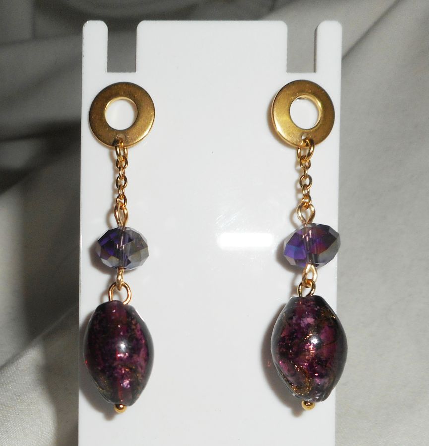 Murano glas en paars kristal oorbellen
