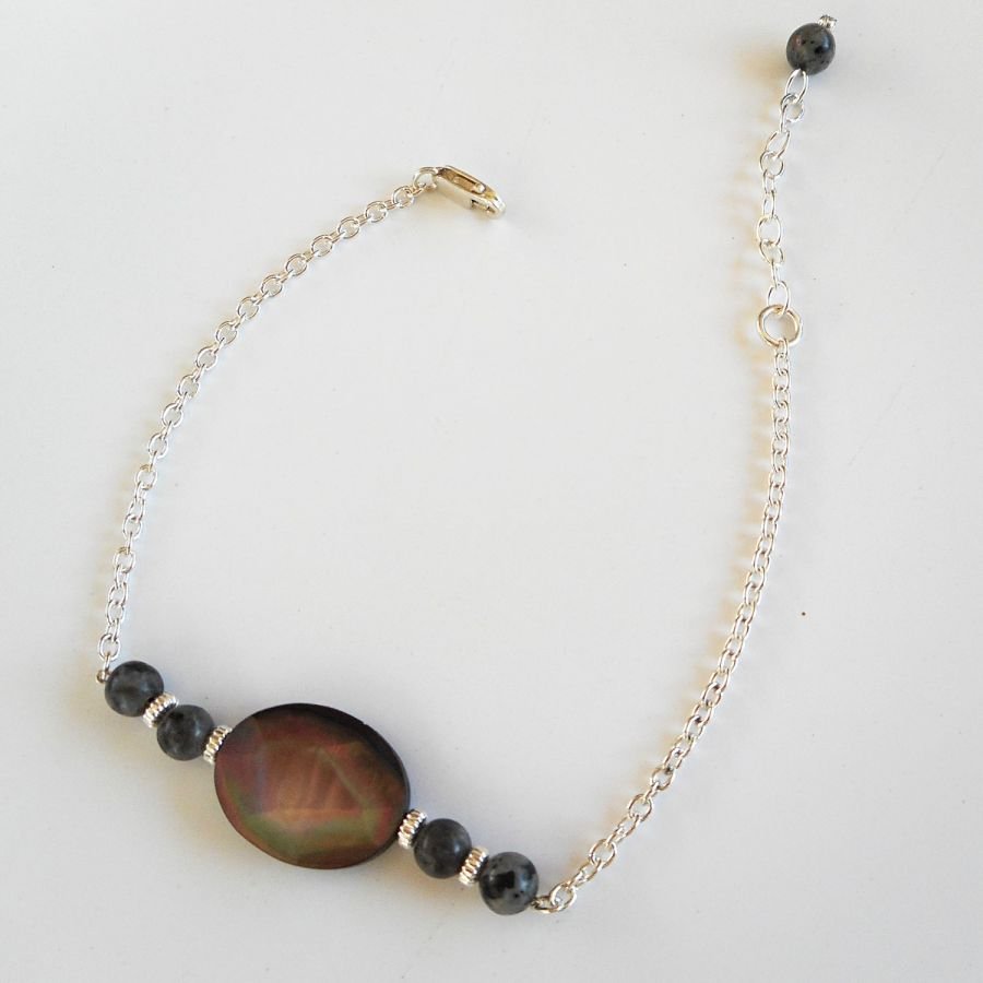 Abalone en grijze labradoriet armband aan 925 zilveren ketting