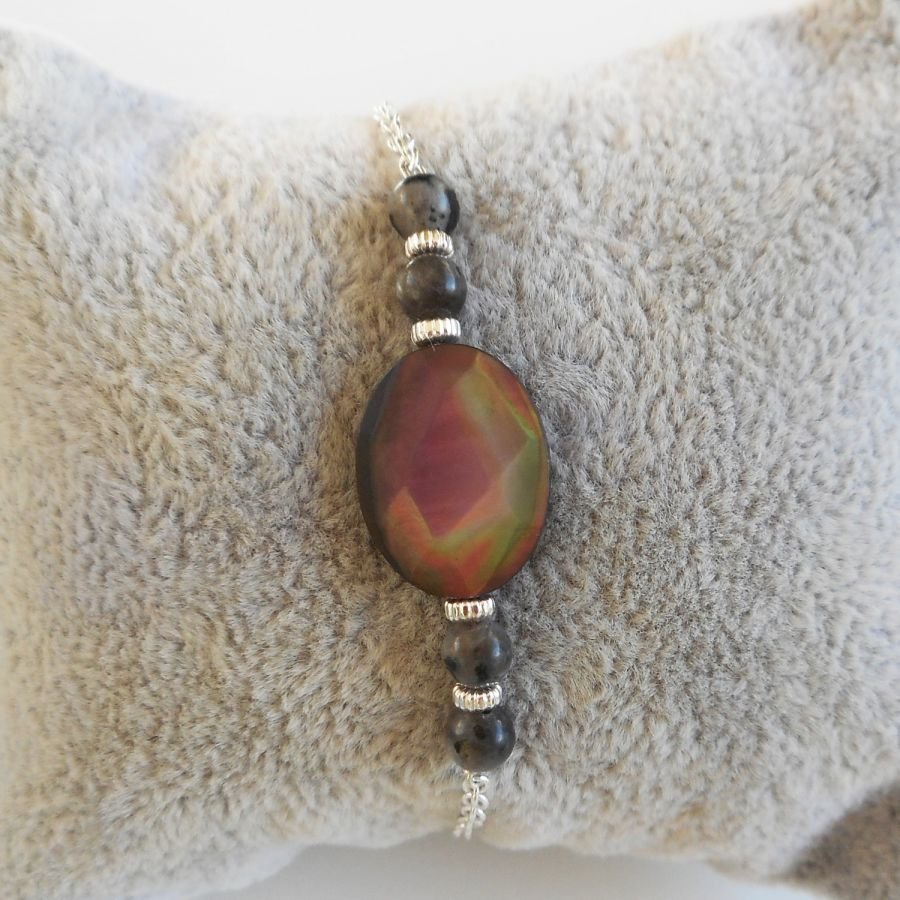 Abalone en grijze labradoriet armband aan 925 zilveren ketting