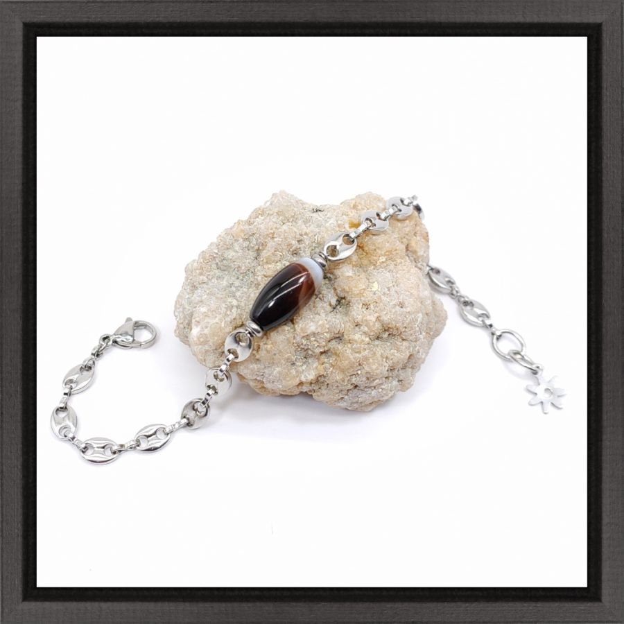 Agaat armband aan stalen koffieboon ketting 