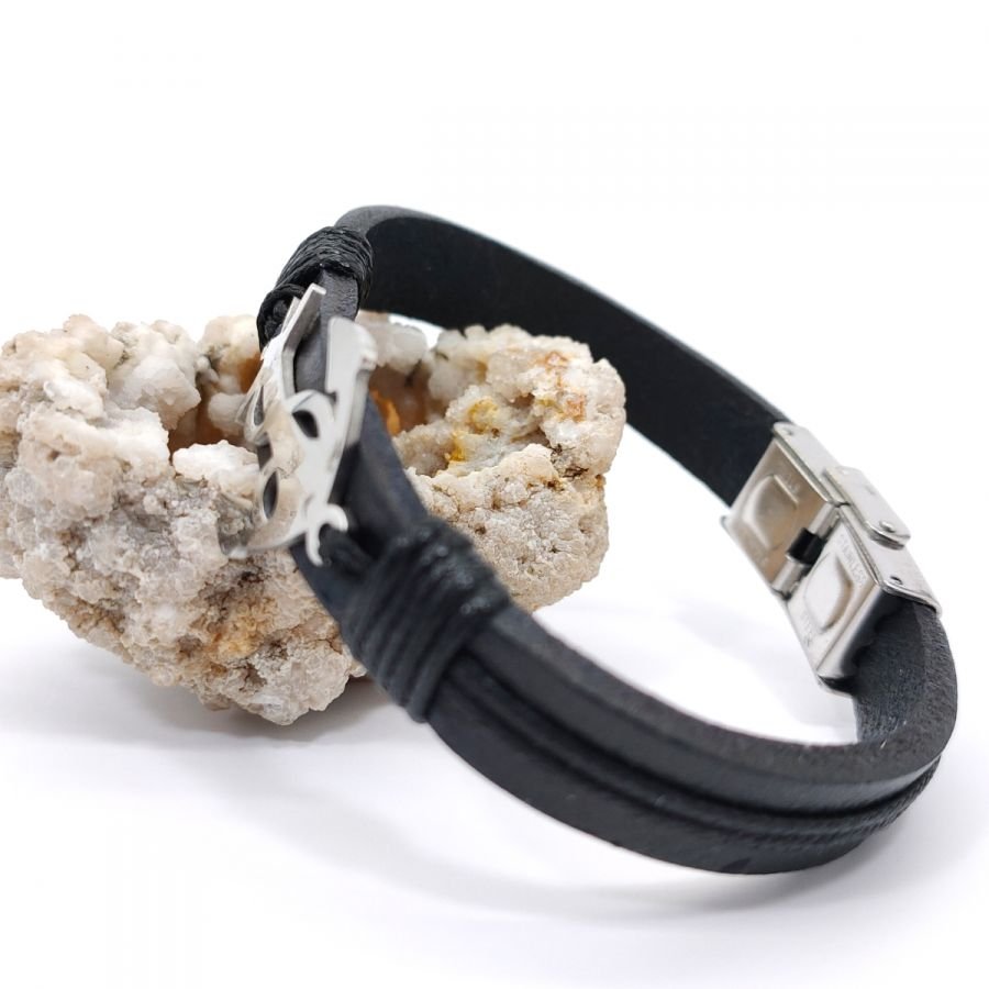 Stalen ankerarmband op zwart leer