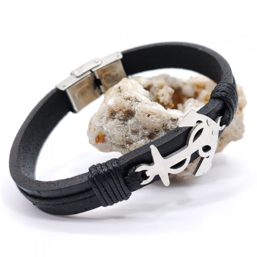 Stalen ankerarmband op zwart leer