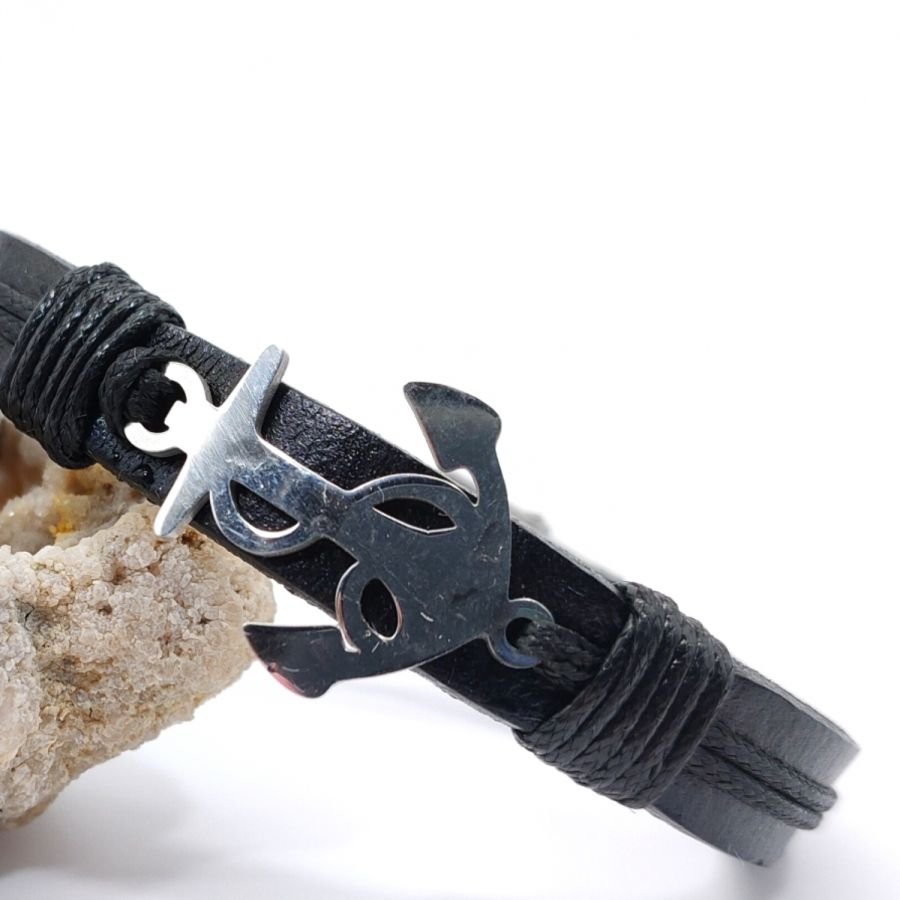 Stalen ankerarmband op zwart leer