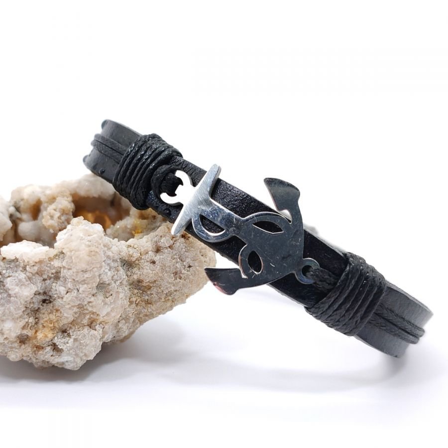 Stalen ankerarmband op zwart leer