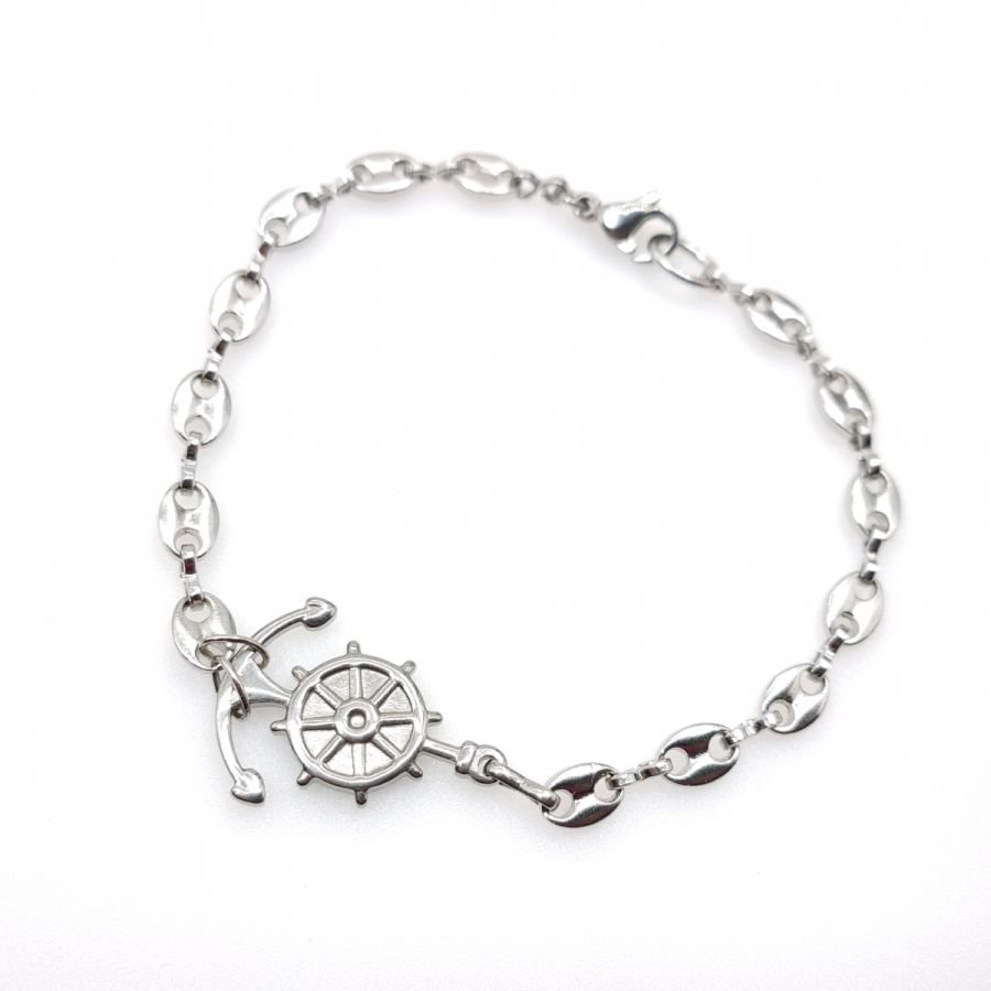 Anker en roer armband aan stalen koffiebonen ketting 
