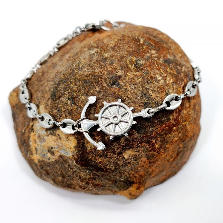 Anker en roer armband aan stalen koffiebonen ketting 