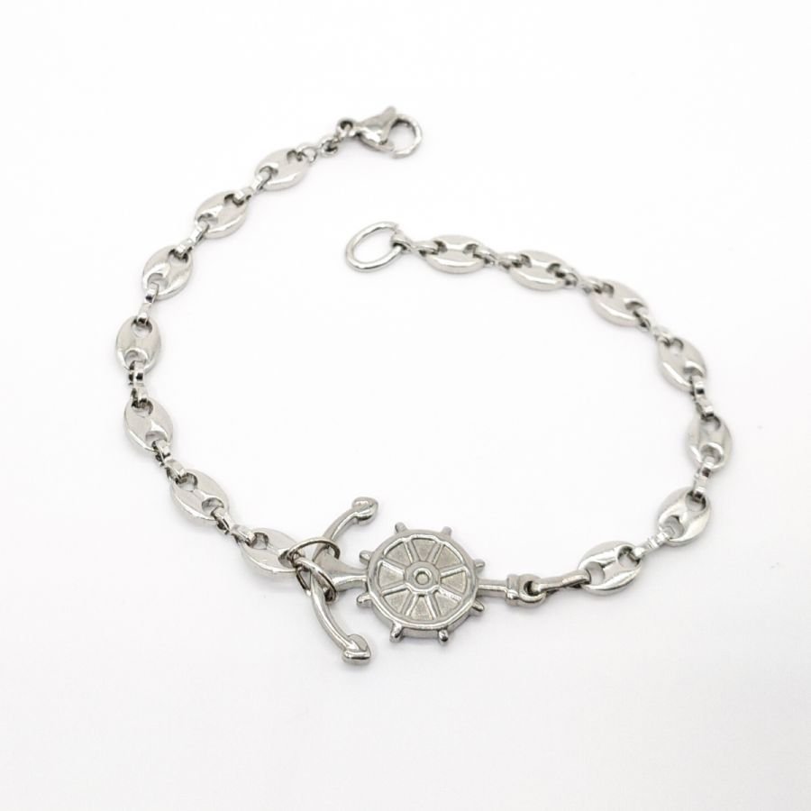 Anker en roer armband aan stalen koffiebonen ketting 