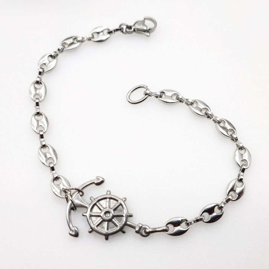 Anker en roer armband aan stalen koffiebonen ketting 