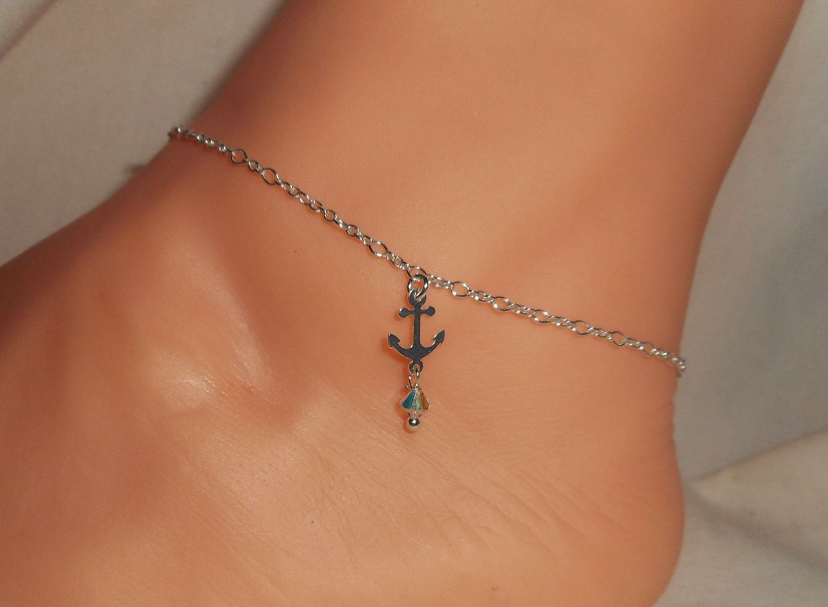 Ankerarmband/enkelketting met kristallen anker en tol aan 925 zilveren ketting