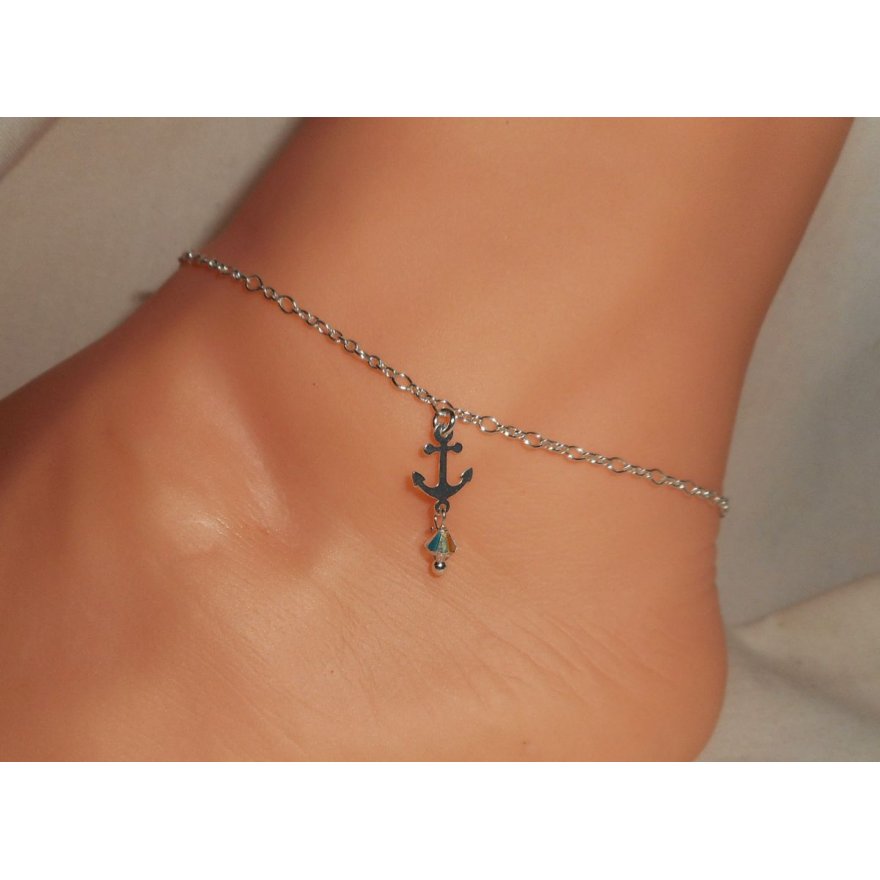 Ankerarmband/enkelketting met kristallen anker en tol aan 925 zilveren ketting