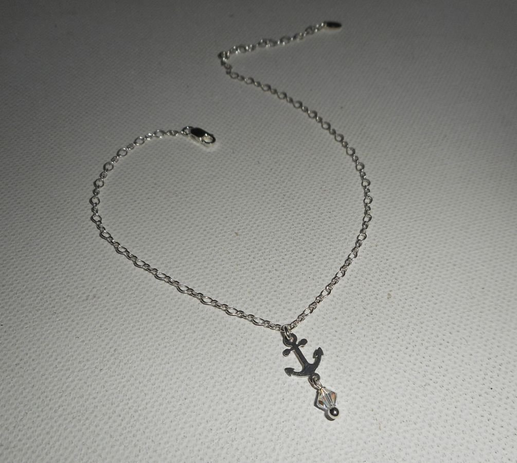 Ankerarmband/enkelketting met kristallen anker en tol aan 925 zilveren ketting