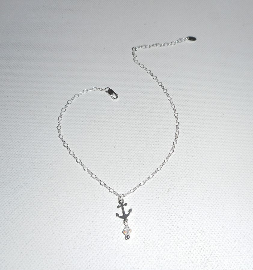 Ankerarmband/enkelketting met kristallen anker en tol aan 925 zilveren ketting