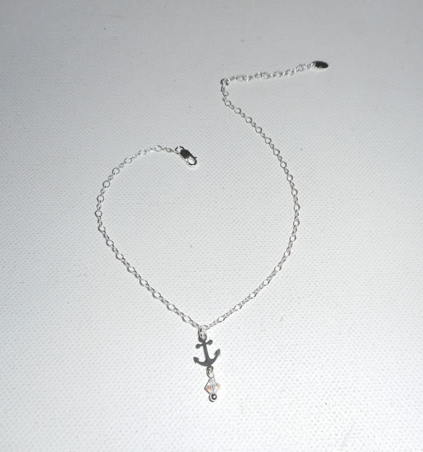 Ankerarmband/enkelketting met kristallen anker en tol aan 925 zilveren ketting