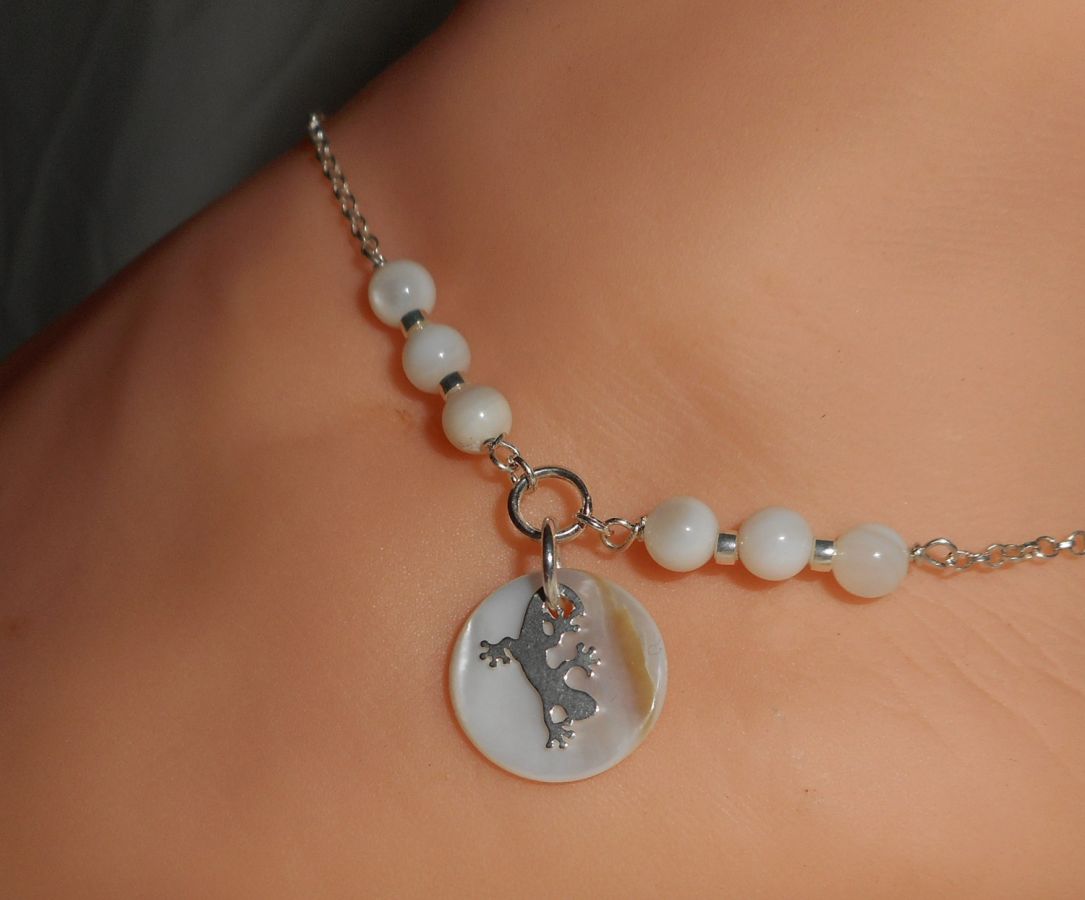 Originele 925 zilveren armband/enkelketting met parelmoer en tarantula