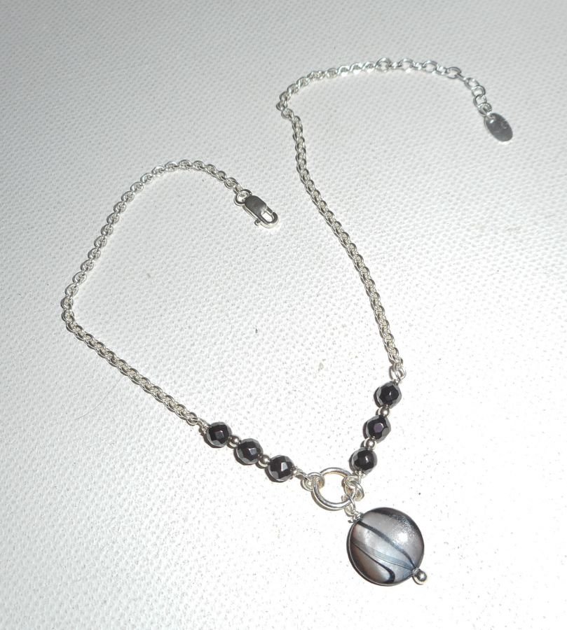 Originele 925 zilveren armband/enkelketting met grijze parelmoer en hematietstenen