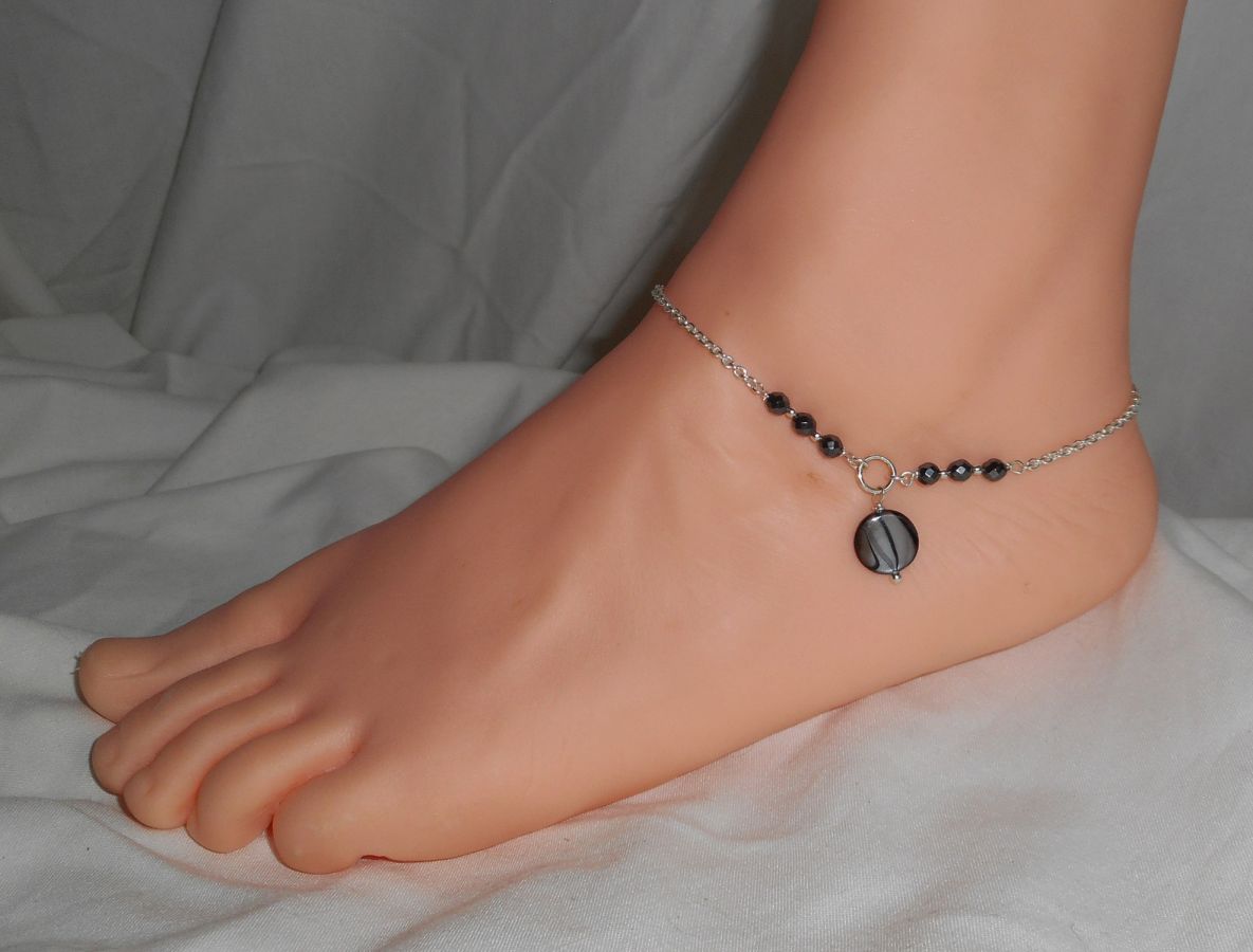 Originele 925 zilveren armband/enkelketting met grijze parelmoer en hematietstenen