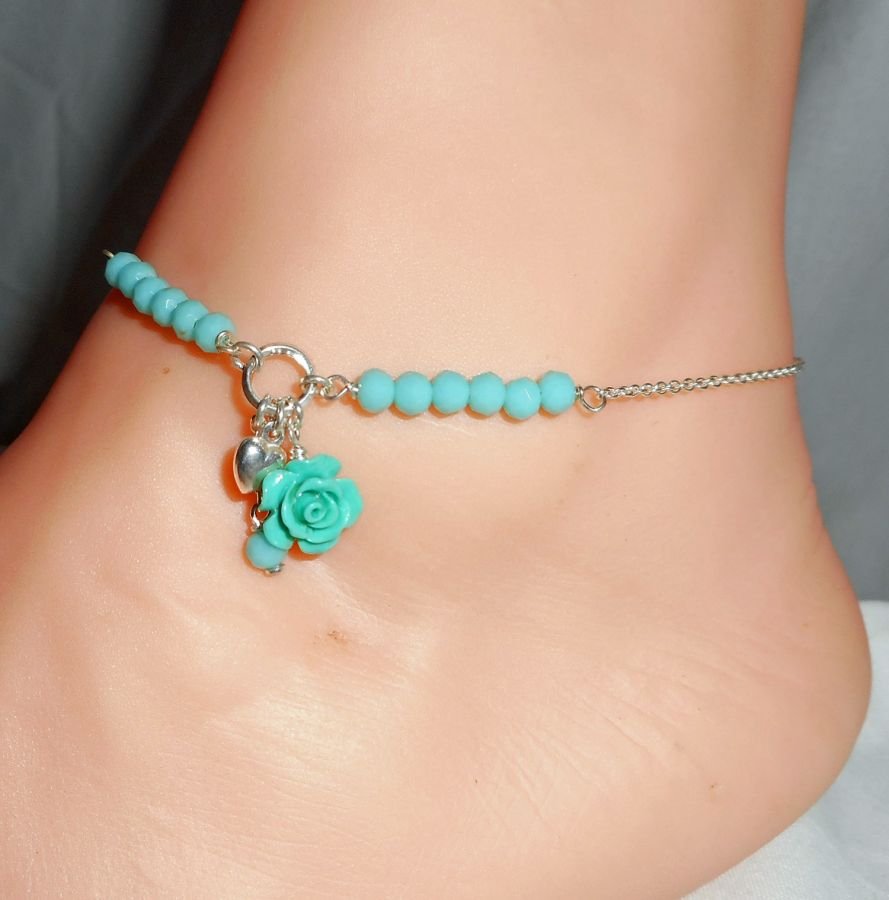 Originele 925 zilveren armband/enkelketting met kristal en groene rozenkralen