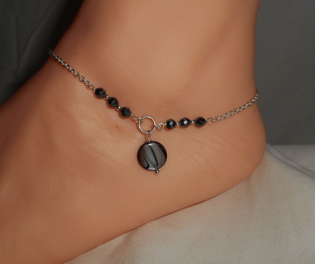 Originele 925 zilveren armband/enkelketting met grijze parelmoer en hematietstenen