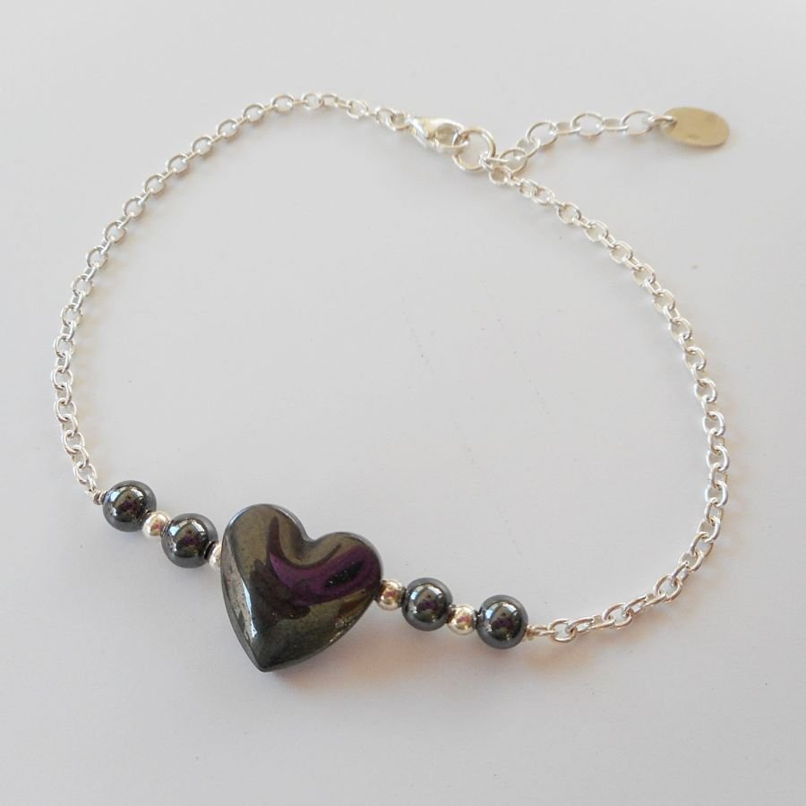 Hematiet stenen hart armband aan 925 zilveren ketting