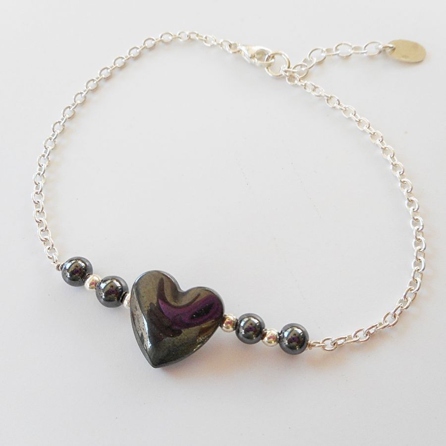 Hematiet stenen hart armband aan 925 zilveren ketting