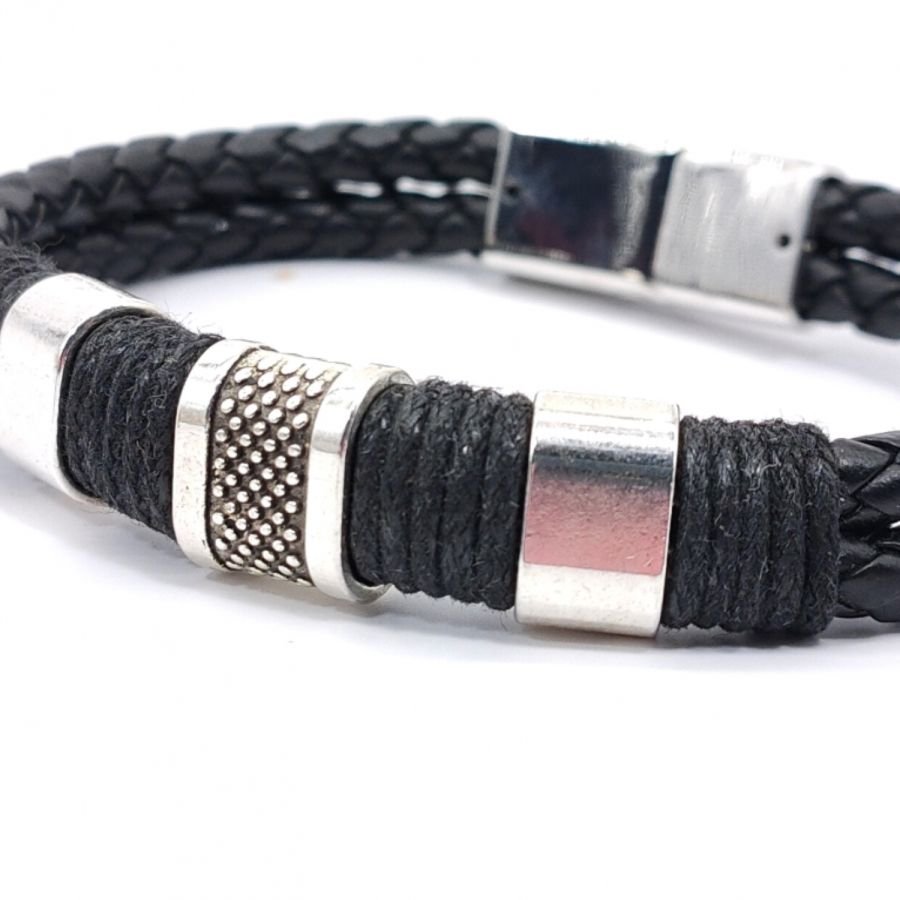 Herenarmband met 3 lussen en touw op zwart leer