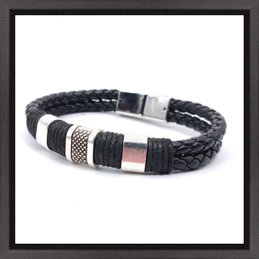 Herenarmband met 3 lussen en touw op zwart leer