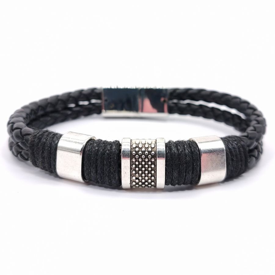 Herenarmband met 3 lussen en touw op zwart leer