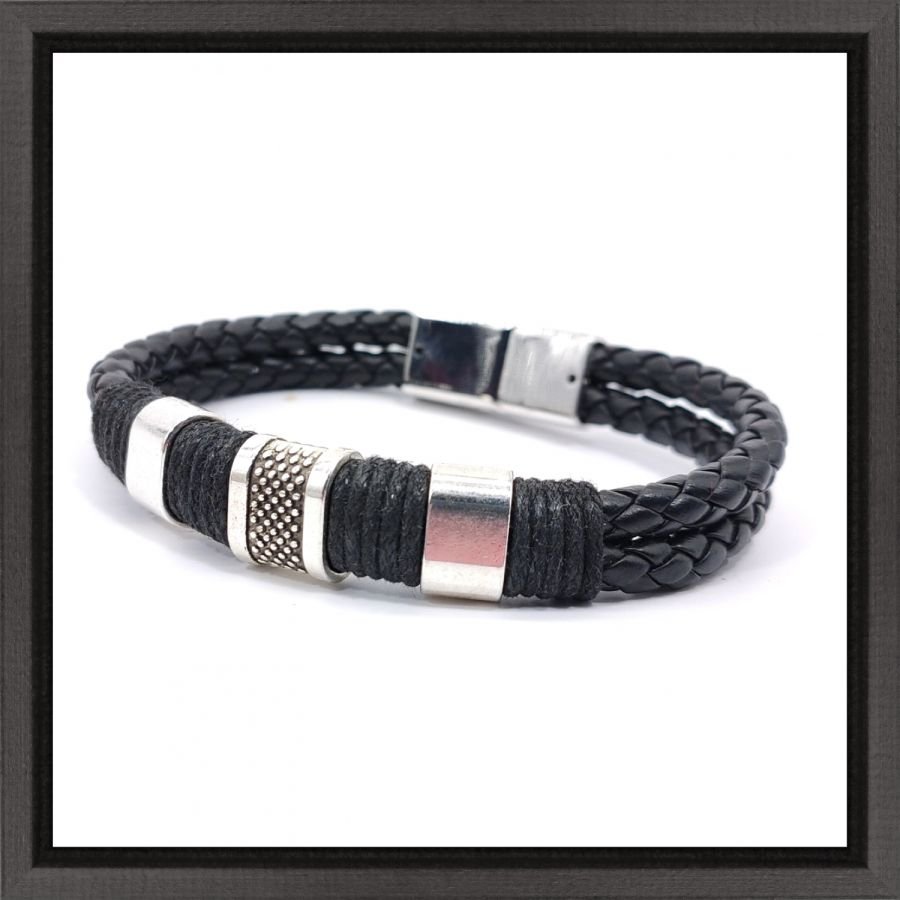 Herenarmband met 3 lussen en touw op zwart leer