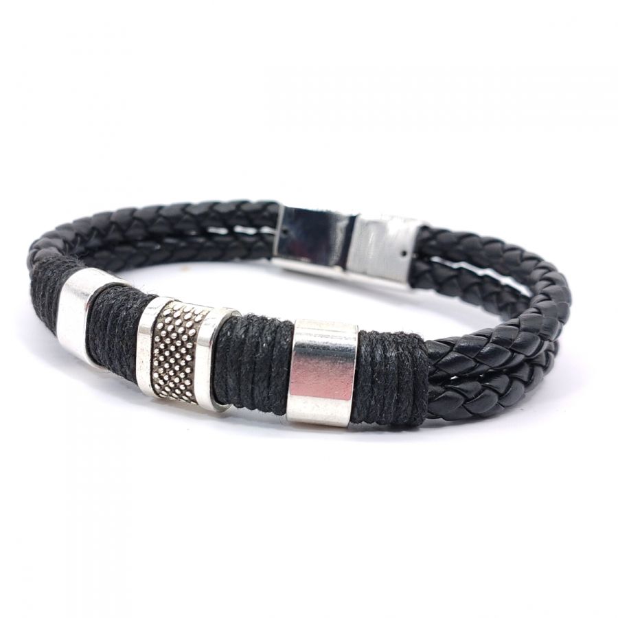 Herenarmband met 3 lussen en touw op zwart leer