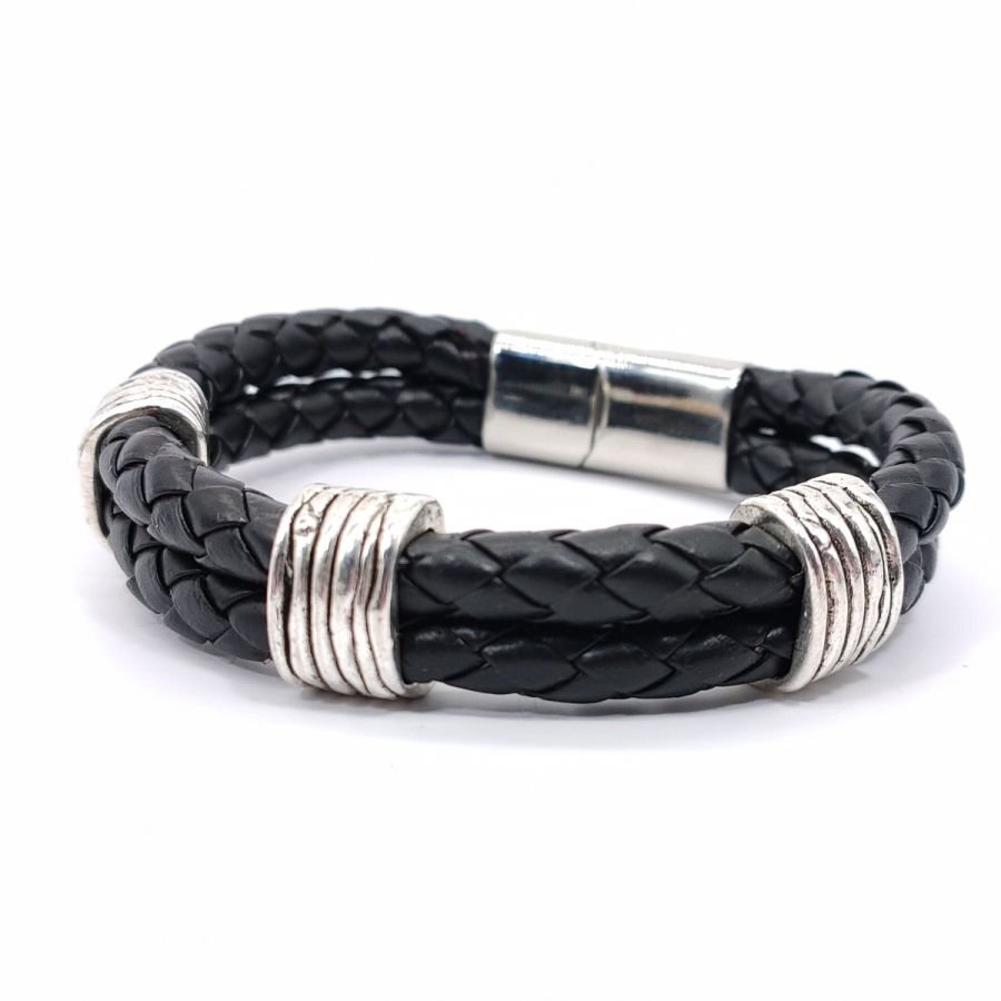 Herenarmband met 3 lussen op dubbele rij zwart leer