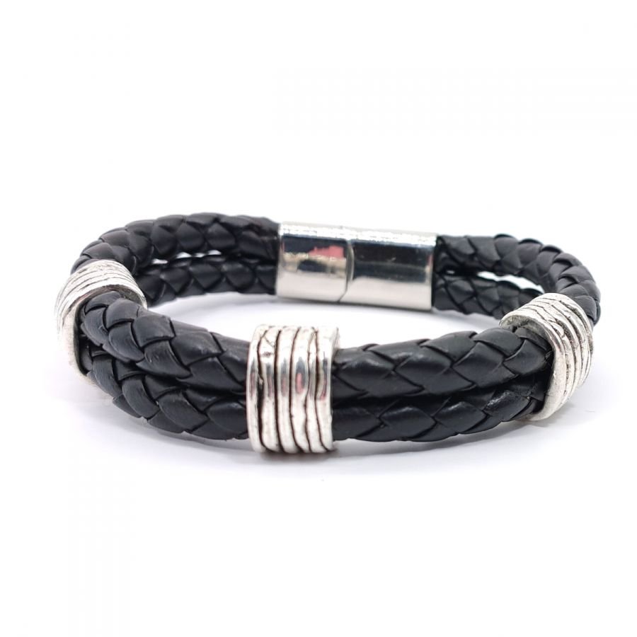 Herenarmband met 3 lussen op dubbele rij zwart leer