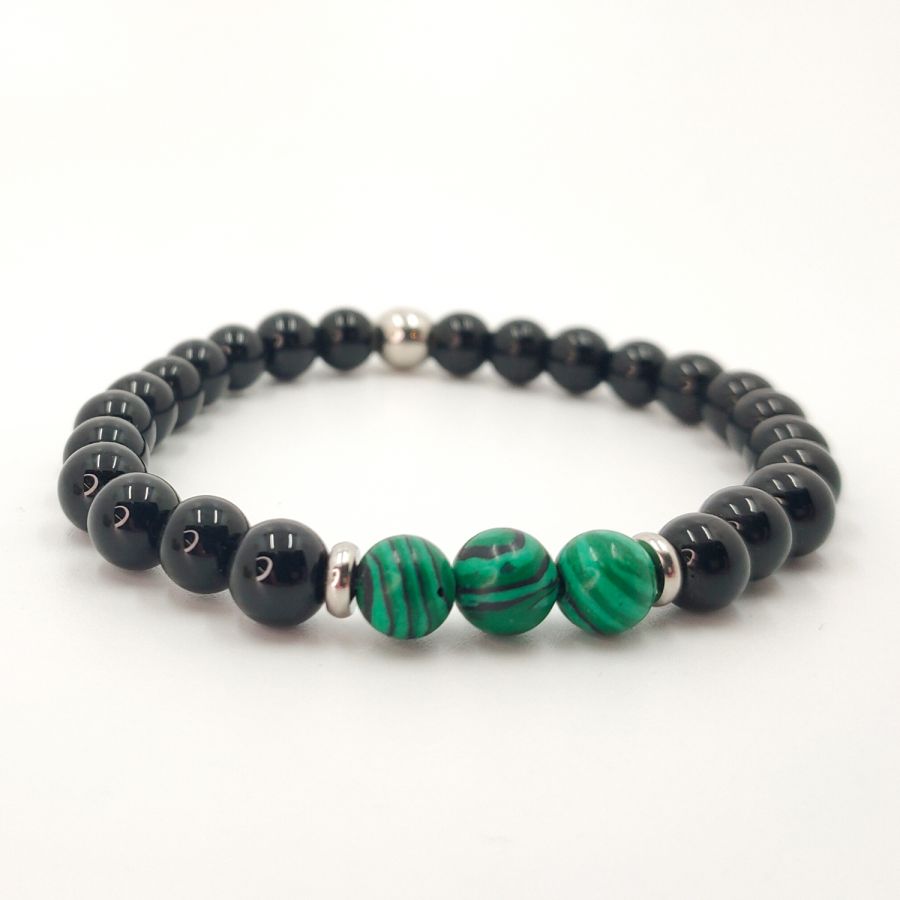 Herenarmband van malachietsteen met onyx en roestvrijstalen kralen