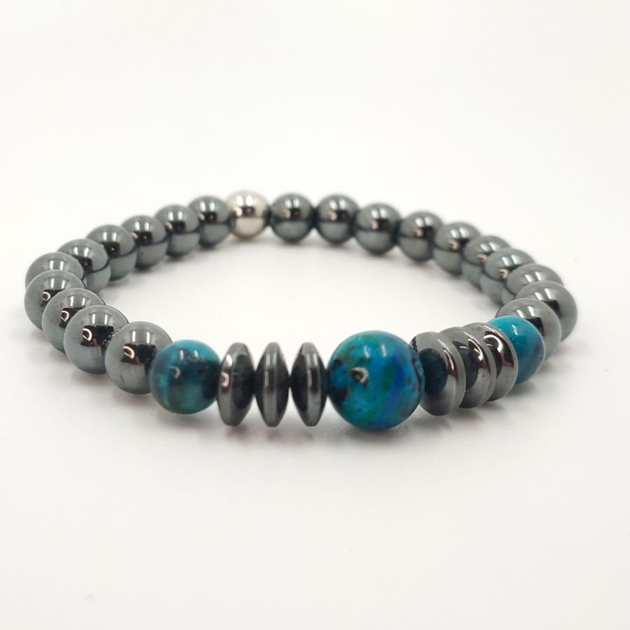 Herenarmband met antracietgrijze hematietstenen en crysocolle 