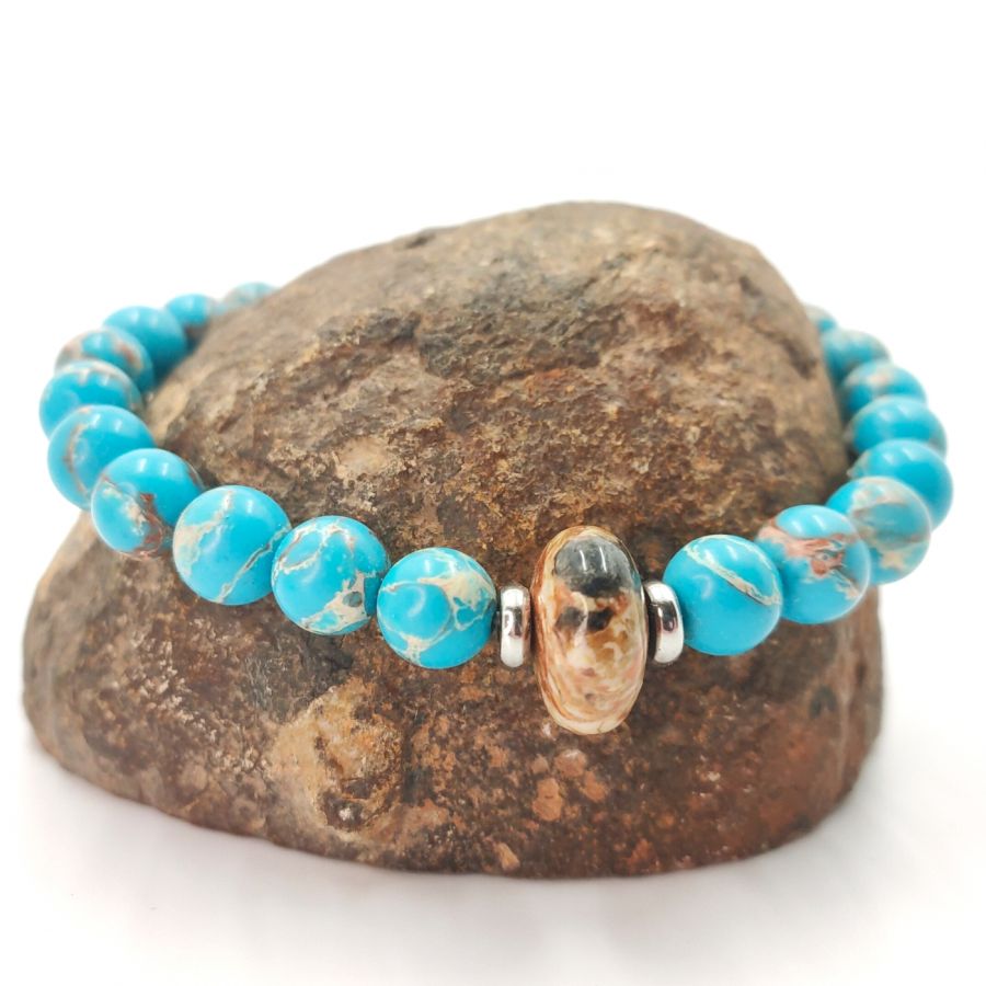 Herenarmband met bruine jaspis en amazonietstenen en roestvrij staal