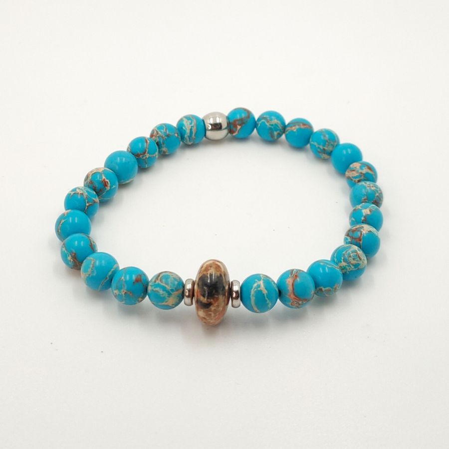 Herenarmband met bruine jaspis en amazonietstenen en roestvrij staal