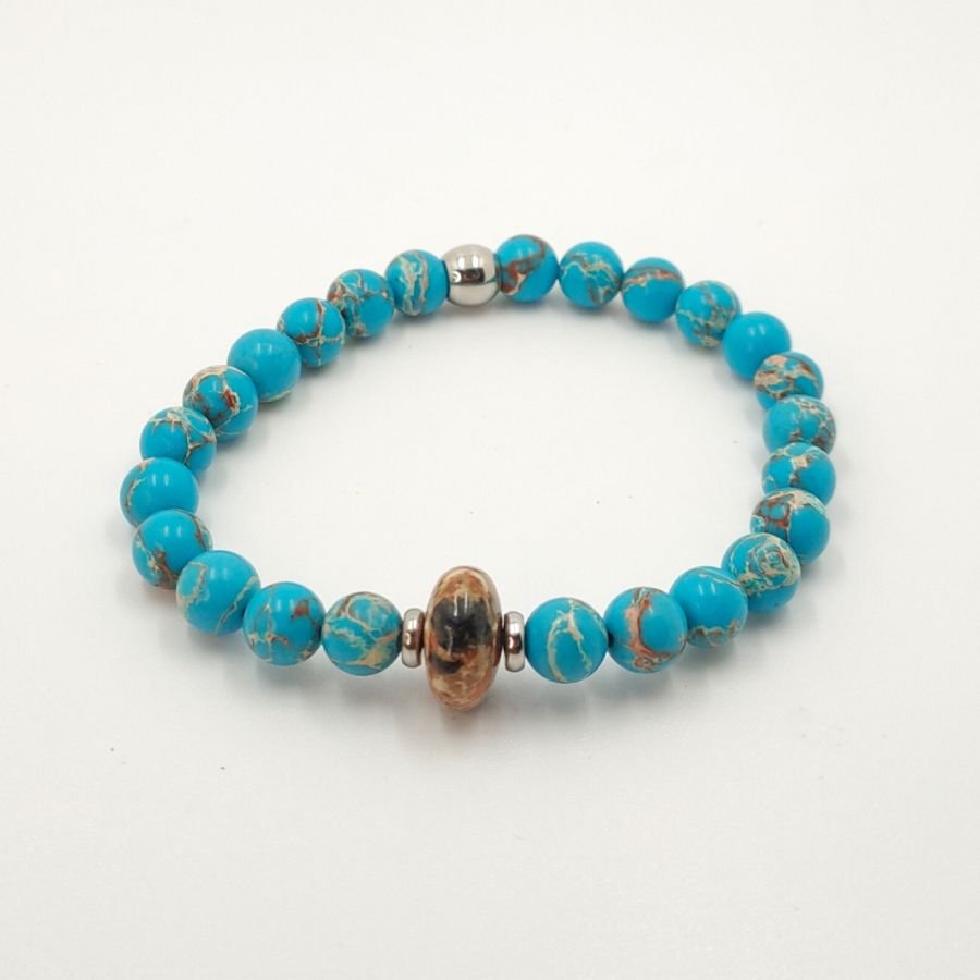 Herenarmband met bruine jaspis en amazonietstenen en roestvrij staal