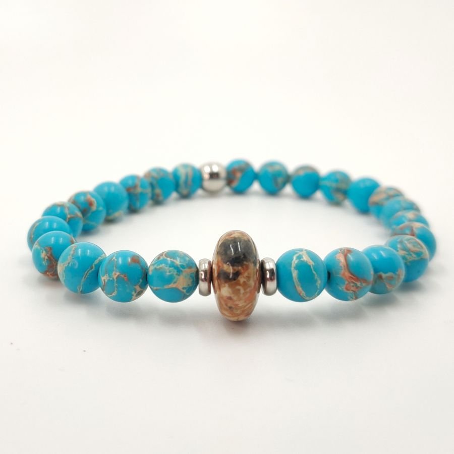 Herenarmband met bruine jaspis en amazonietstenen en roestvrij staal