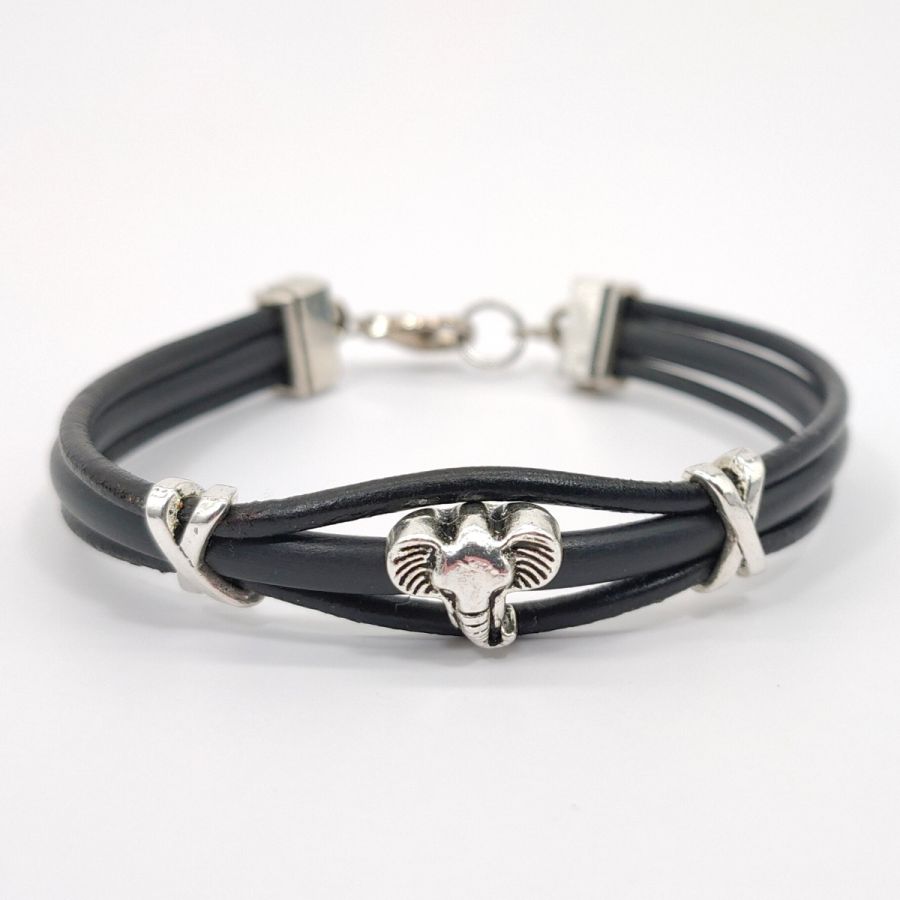 Olifantenarmband aan zwart lederen koorden