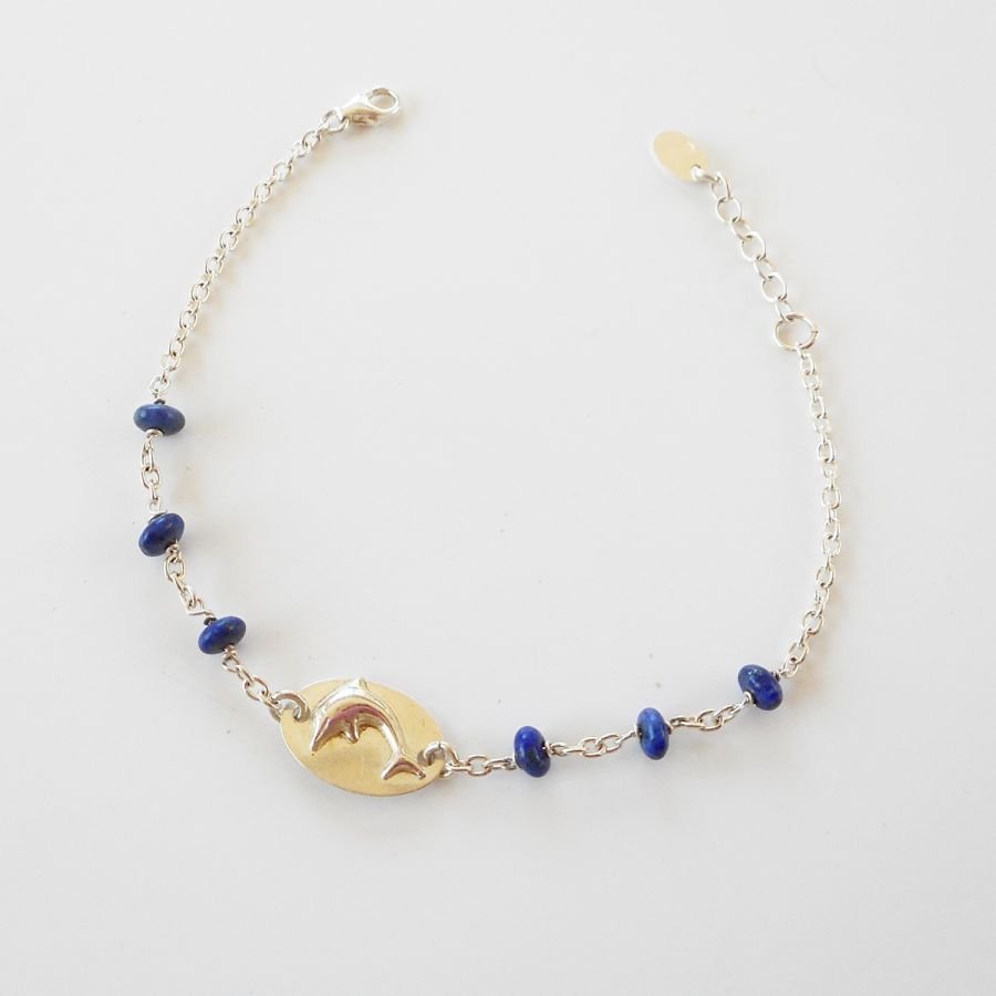 Dolfijn medaille armband met blauwe stenen aan 925 zilveren ketting