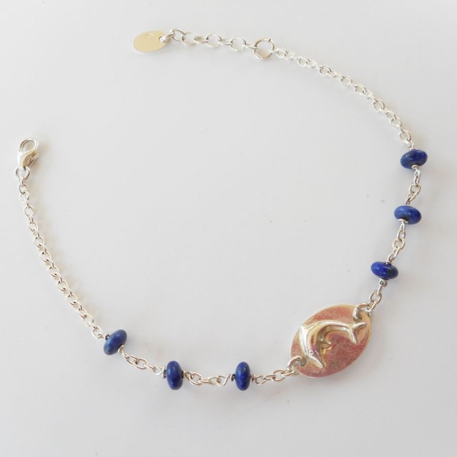 Dolfijn medaille armband met blauwe stenen aan 925 zilveren ketting
