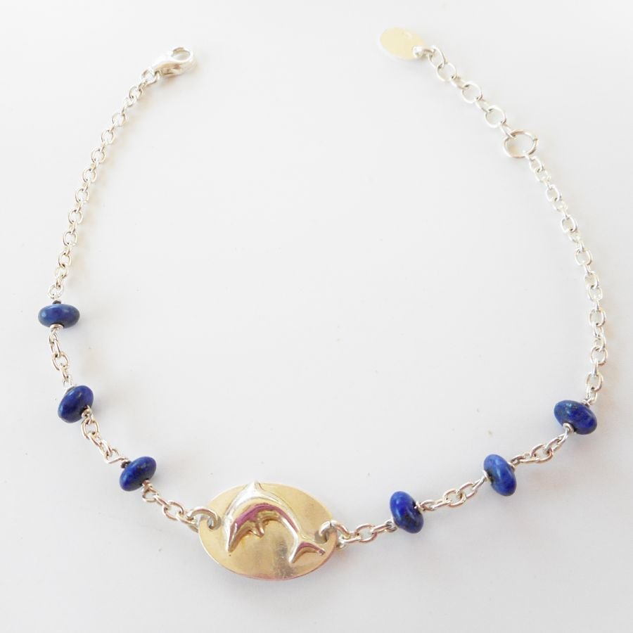 Dolfijn medaille armband met blauwe stenen aan 925 zilveren ketting