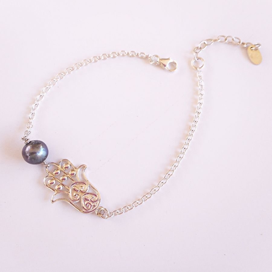 Grijze gekweekte parel en Fatma's hand armband aan 925 zilveren ketting