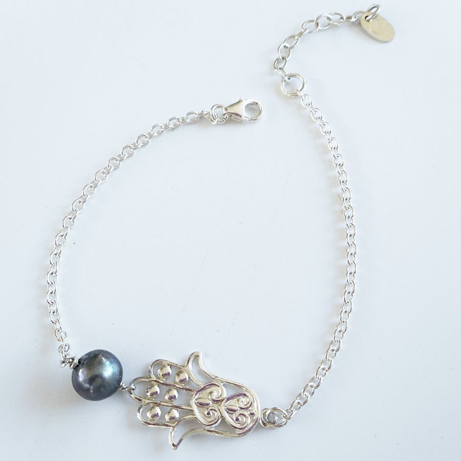 Grijze gekweekte parel en Fatma's hand armband aan 925 zilveren ketting