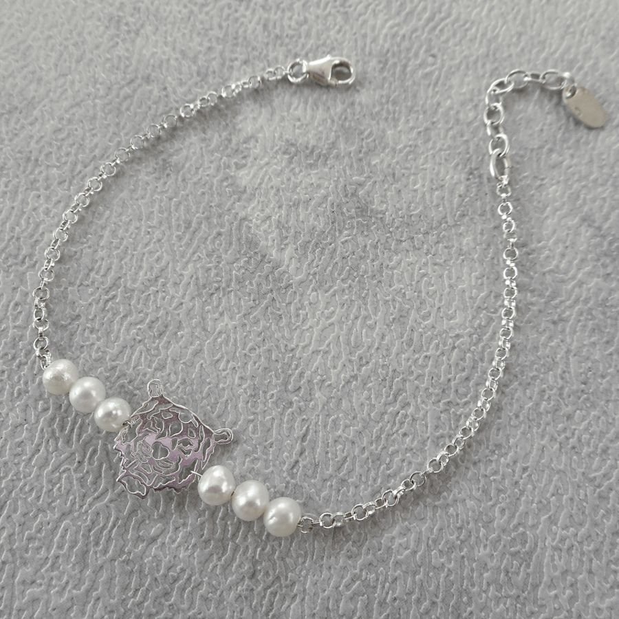 Gekweekte parel en tijger armband aan 925 zilveren ketting