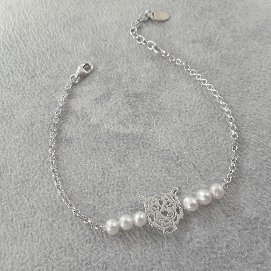 Gekweekte parel en tijger armband aan 925 zilveren ketting