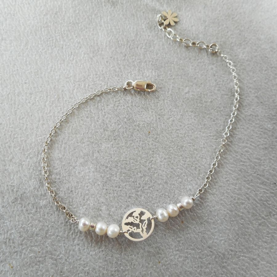 Gekweekte parelarmband met levensboom in zilver 925